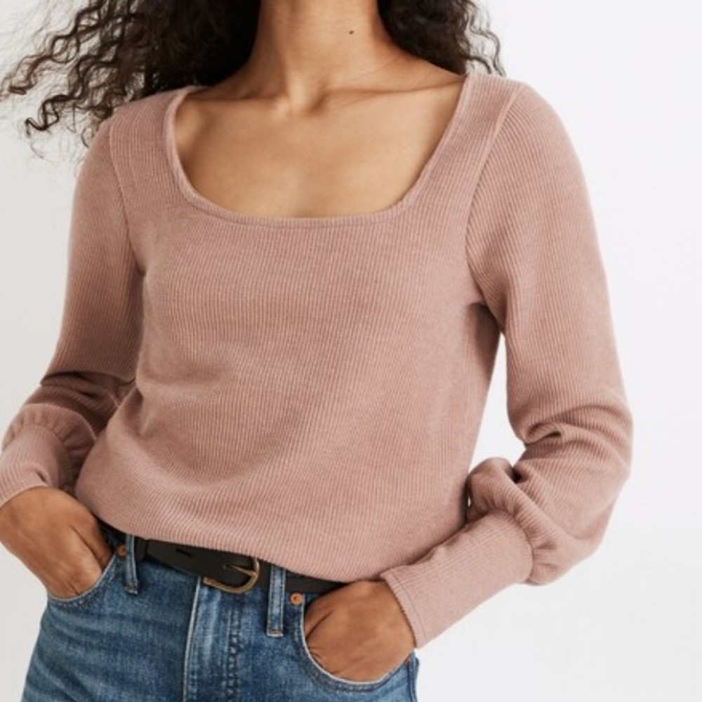 Madewell Ottoman Rib Square Neck Top Women's Ribbed Sweater - Pink Dusty Rose M